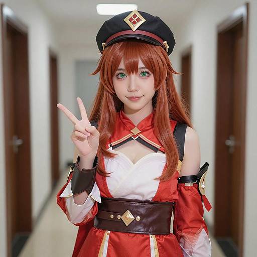 Red-Haired Cosplay Woman in Hallway