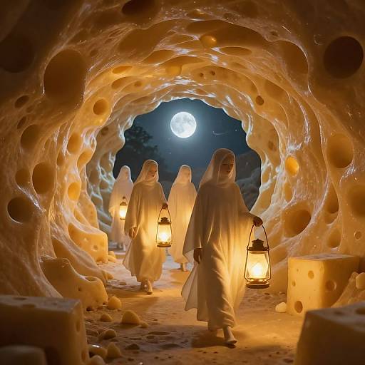 Photograph of four robed figures with veils walking through a wax-like cave tunnel at night, holding lanterns, illuminated by moonlight.