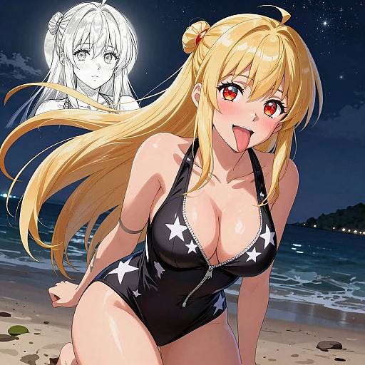 Digital anime artwork of a blonde woman with red eyes, large breasts, and star-patterned black one-piece swimsuit, playfully sticking out her tongue