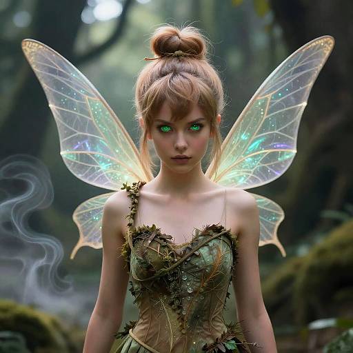 Digital fantasy artwork of a fairy girl with glowing green eyes, translucent wings, and brown hair in a bun, wearing a green, leafy dress,