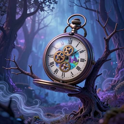 Photorealistic CGI of an enchanted, gear-filled pocket watch, hanging from a gnarled tree branch in a mystical, blue-hued forest.