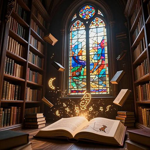 Photograph of a magical library: open book with glowing runes, floating books, and colorful stained glass window in dimly lit room.