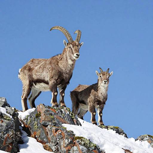 Two Mountain Goats on Snowy Rocky Hilltop