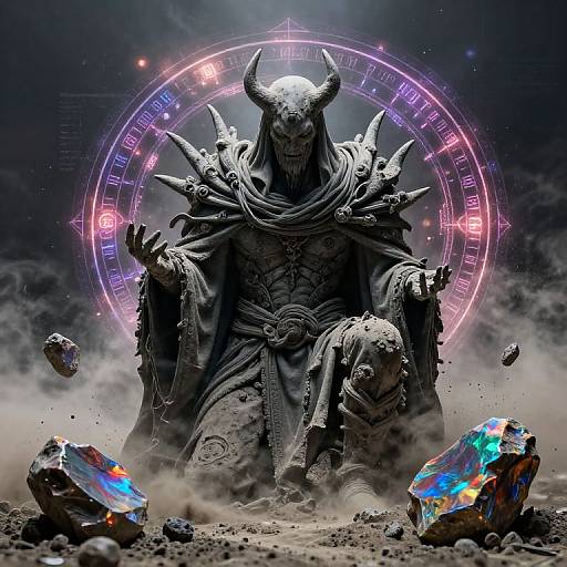 Digital artwork: Dark, horned, demonic figure with spiked armor and glowing, magical circle background, surrounded by floating, colorful crystals in a dusty,