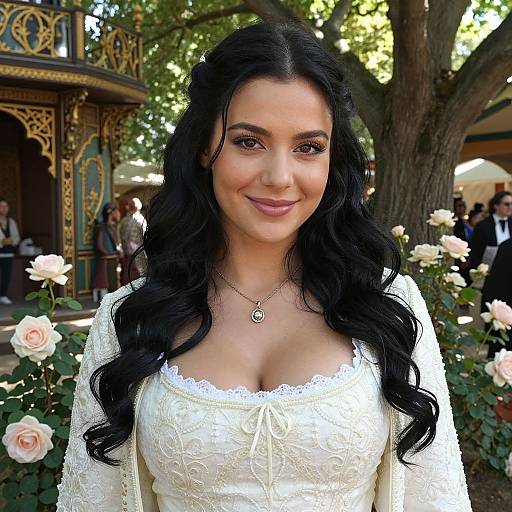 Photograph of a smiling woman with long black wavy hair, wearing an elegant white lace wedding dress, standing in a garden with roses, and orn