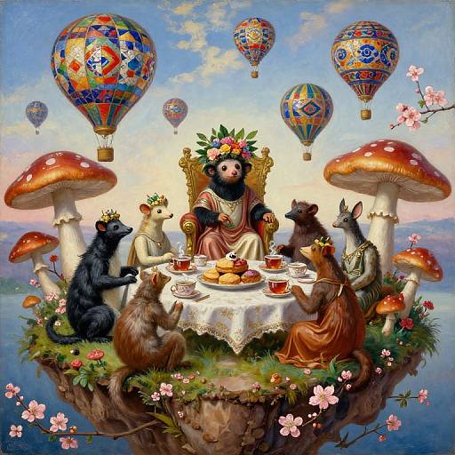 Whimsical painting of anthropomorphic animals having tea on a floating island with giant mushrooms, colorful hot air balloons, and a regal bear king.