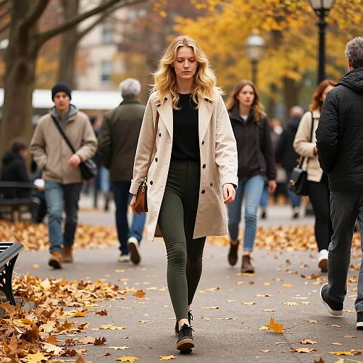 Photograph of a blonde woman in a beige coat and black pants walking through a park with autumn leaves, blurred background, and people in casual fall attire