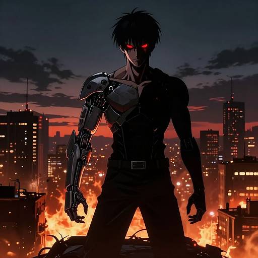Digital anime-style drawing of a muscular, dark silhouette man with glowing red eyes, cybernetic arm, standing in a burning cityscape at dusk.