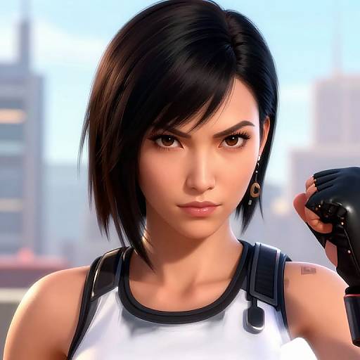 CGI portrait of a young Asian woman with short black hair, brown eyes, wearing a white tank top, holding a black glove, urban blurred background