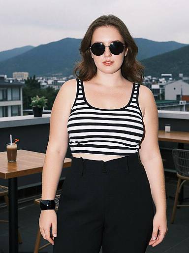 Photograph of a curvy, fair-skinned woman with dark brown hair, wearing black-and-white striped tank top, black high-waisted pants