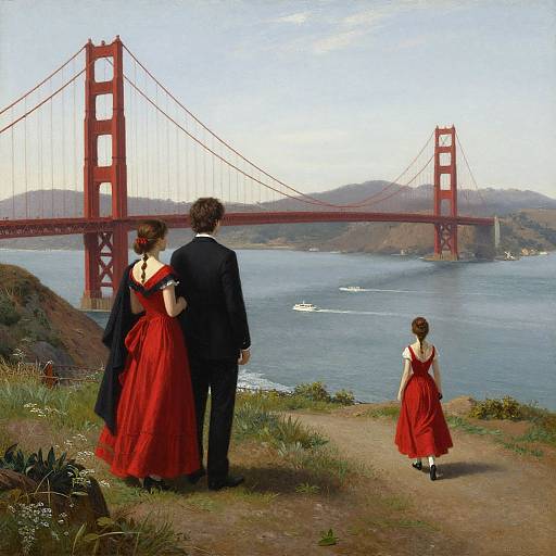 Photograph-style painting: A couple and child in red dresses stand on a grassy hill, viewing the iconic red Golden Gate Bridge.