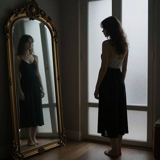 Photograph of a woman with wavy brown hair, wearing a black dress and white tank top, standing in front of a large ornate mirror,