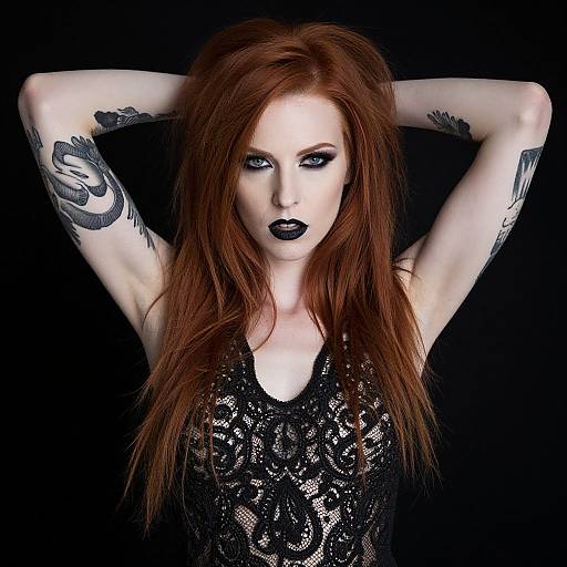 Photograph of pale-skinned, red-haired woman with black lipstick, lace top, and tattooed arms, posing against a black background.