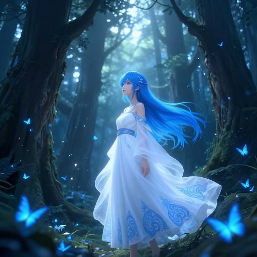 Digital artwork: Blue-haired anime girl in white, off-shoulder dress stands in moonlit forest, surrounded by glowing blue butterflies, ethereal light