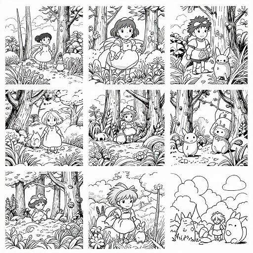 Black-and-white comic strip featuring six panels of two children, a boy and a girl, exploring a forest with trees, flowers, and small animals.