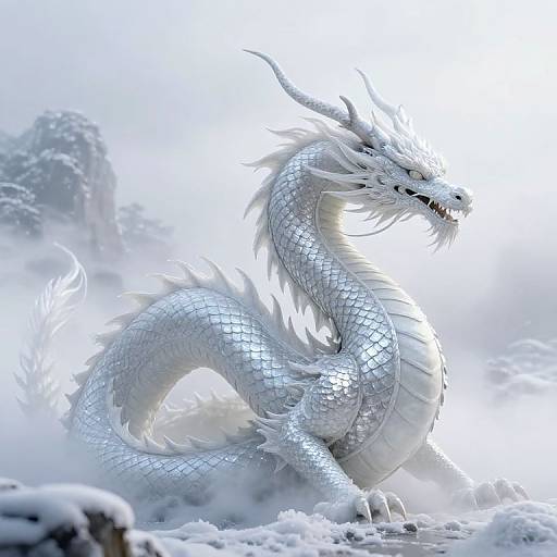 Ethereal White Dragon in Snowy Mist