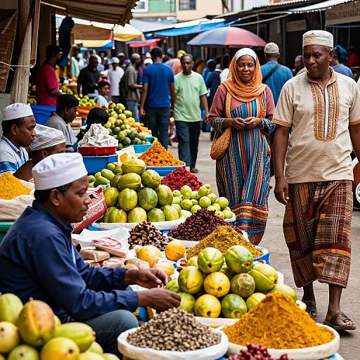 Colorful photograph of a bustling outdoor market: vendors selling bright spices, fruits, and vegetables; customers in traditional clothing and headscarves.