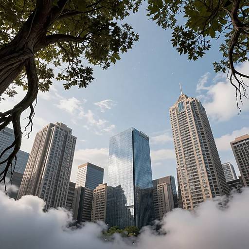 Photograph of a city skyline with tall, modern skyscrapers surrounded by tree branches and clouds, under a bright blue sky.