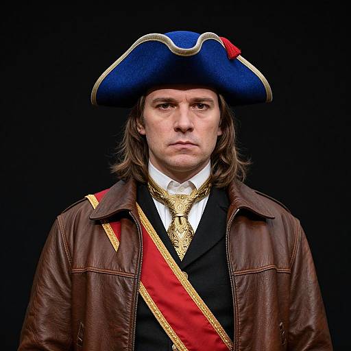 Photograph of a serious, middle-aged man with brown hair, wearing an 18th-century naval officer's uniform, including a blue tricorn hat