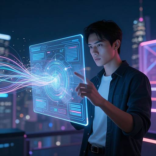 Digital CGI image of an Asian man with short black hair, wearing a black shirt and white t-shirt, using a holographic interface that emits blue and