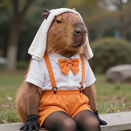 Photograph of a beaver in a white shirt, orange bowtie, orange shorts, suspenders, and white headscarf, sitting outdoors on