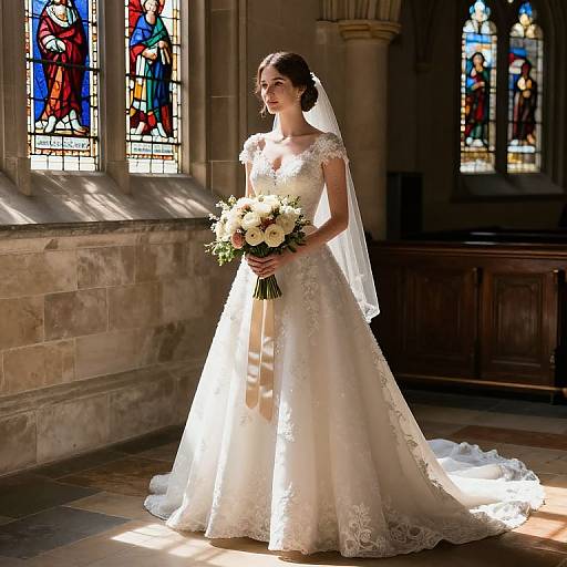 Photograph of a brunette bride in an ornate white lace wedding gown with floral embroidery, holding a bouquet, standing in a sunlit church with colorful