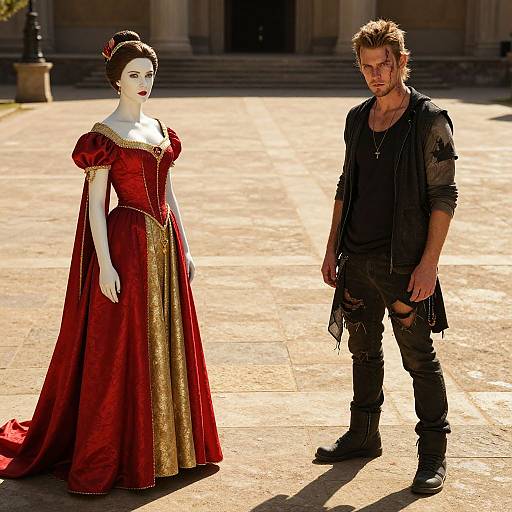 Photograph of a white mannequin in a red and gold Renaissance-style dress standing beside a ruggedly dressed man with spiky hair. Sunlit