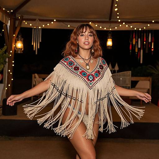 Photograph of a woman with medium brown hair, wearing a fringe shawl adorned with red and blue embroidery, dancing under string lights in a dimly