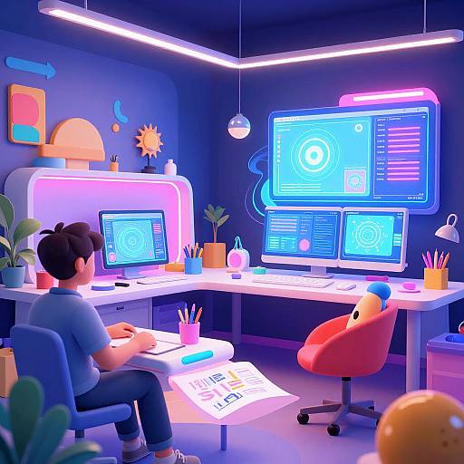 Vibrant digital art of a young man in a neon-lit, futuristic workspace, seated at a desk with multiple glowing screens.