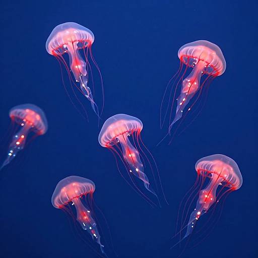 Photograph of six glowing, pink and red jellyfish with translucent bodies and long, flowing tentacles against a deep blue ocean background.