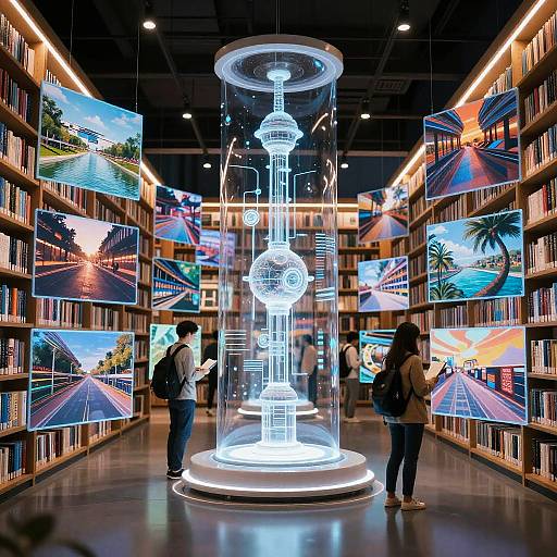 Photograph of a modern library with illuminated bookshelves, featuring a central, glowing, wireframe globe sculpture surrounded by vibrant digital displays. Visitors stand