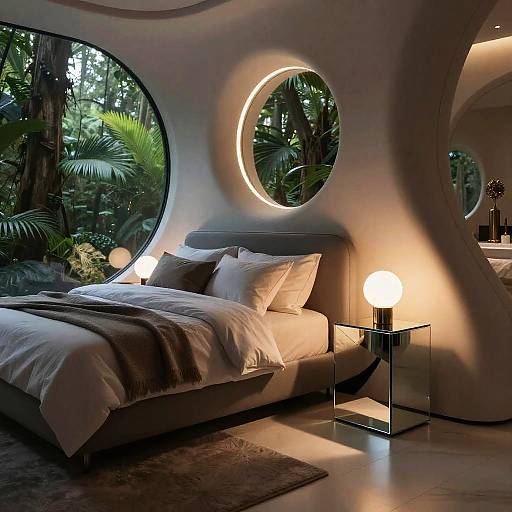 Photograph of a modern, circular-windowed bedroom with a curved white wall, lit by two spherical lamps, featuring a neatly made bed with gray and