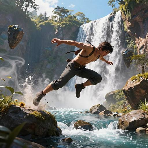 Digital artwork: Shirtless, muscular man with black hair and pants jumps over waterfall, rocks, and river, surrounded by lush greenery. Sunlight