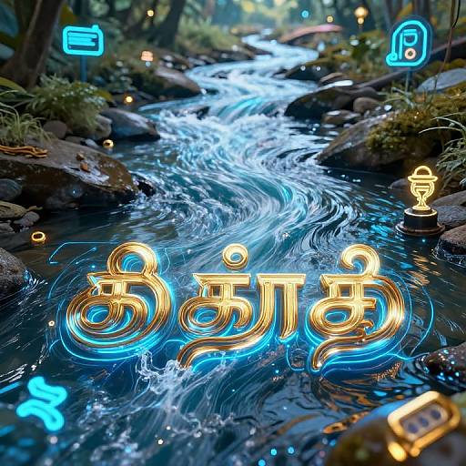 Digital artwork of a glowing blue river with swirling water, surrounded by forest, featuring neon blue and gold Sanskrit text. Glowing icons and a ch
