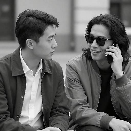 Black-and-white photograph of a smiling couple with dark hair, wearing sunglasses and leather jackets, sitting outdoors, the man looking at the woman who is talking