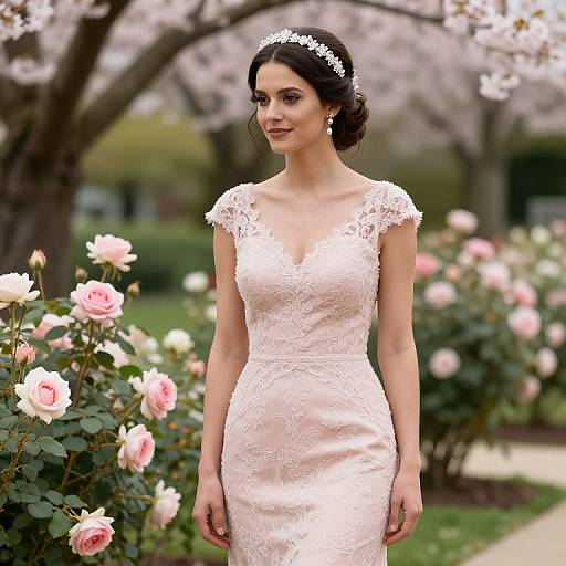 Photograph of a beautiful woman in a pink lace wedding dress, tiara, standing in a blooming rose garden with cherry blossoms.
