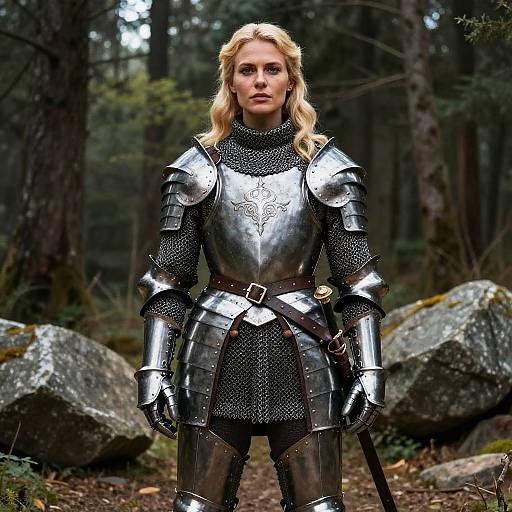 Photograph of a blonde woman in detailed medieval silver armor standing in a dense forest with large rocks behind her.