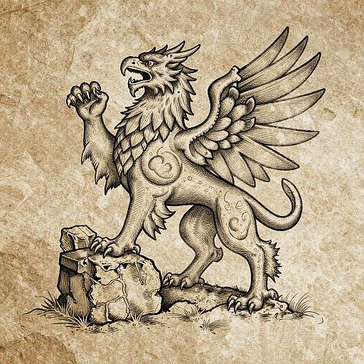 Ink drawing of a fierce, winged griffin with detailed feathers, standing on rocky terrain, roaring with one claw raised. Sepia-toned