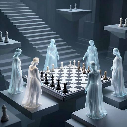 Digital art of glowing, ethereal, white-robed figures playing chess on a black-and-white board in a dark, staircase-lit room.