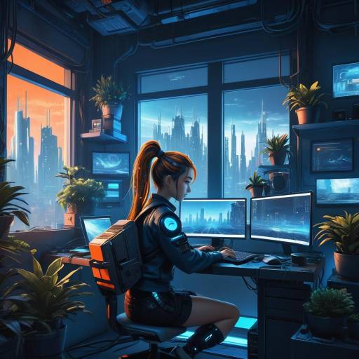 Cyberpunk Anime: Young Woman at Desk