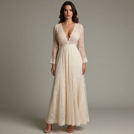 Photograph of a woman with dark hair wearing a white, lace, long-sleeve, deep V-neck, floor-length wedding dress against a gray