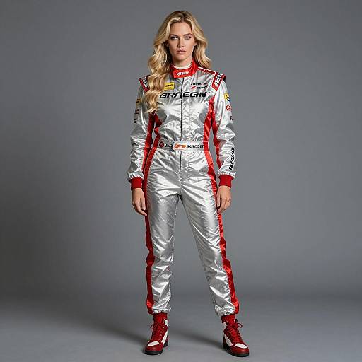 Female Racecar Driver in Silver and Red Racing Suit