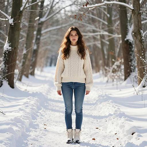 Photograph of a young woman with long brown hair, wearing a white knit sweater, blue jeans, and white boots, standing in a snowy forest pathway