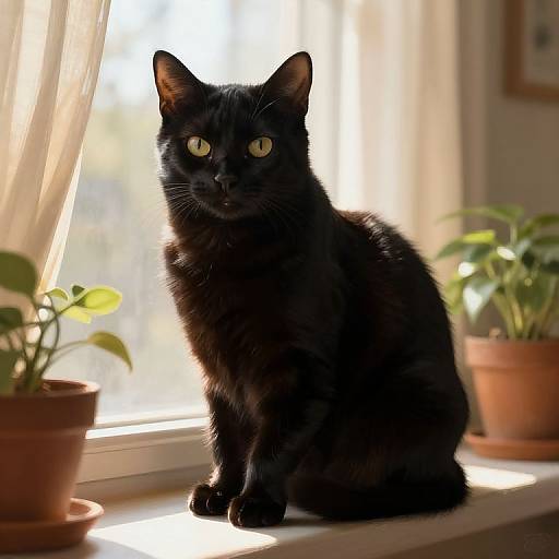 Photograph of a black cat with bright yellow eyes sitting on a sunlit windowsill, surrounded by potted plants, with soft, blurred sunlight in