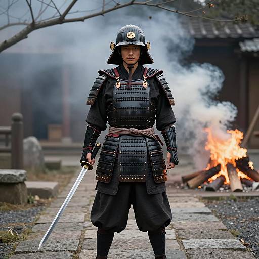 Samurai Warrior in Dark Armor and Smoke
