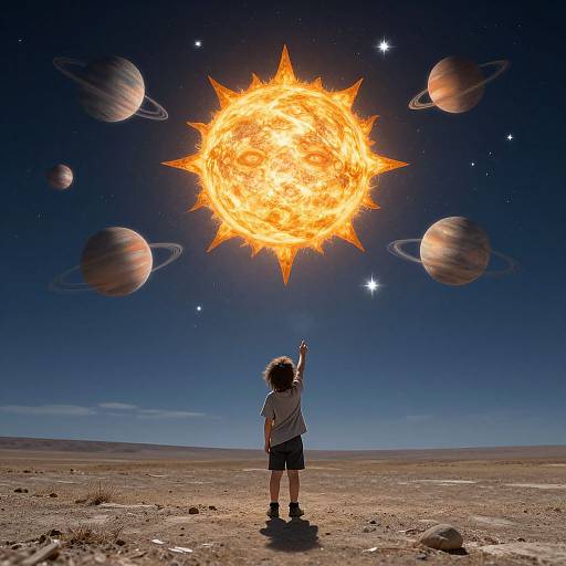 Photograph of a child with curly hair, wearing a white shirt and black shorts, reaching up towards a fiery, sun-like orb in a starry