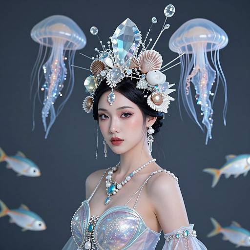 Digital art of an ethereal Asian woman with a crystal headdress, glowing fish, and jellyfish, wearing a sparkling, off-shoulder dress