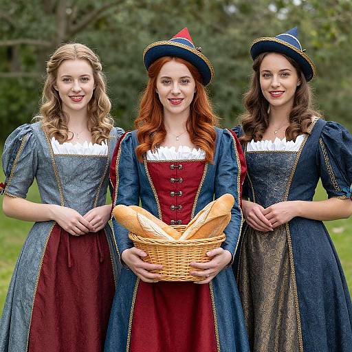 Three women in medieval-style dresses with blue and red fabrics, white collars, and witch hats, holding a basket of bread outdoors. Photograph.