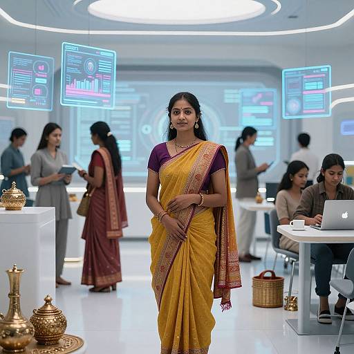Photograph of a young Indian woman in a yellow sari with red border, standing confidently in a modern, tech-filled showroom. Other women in traditional