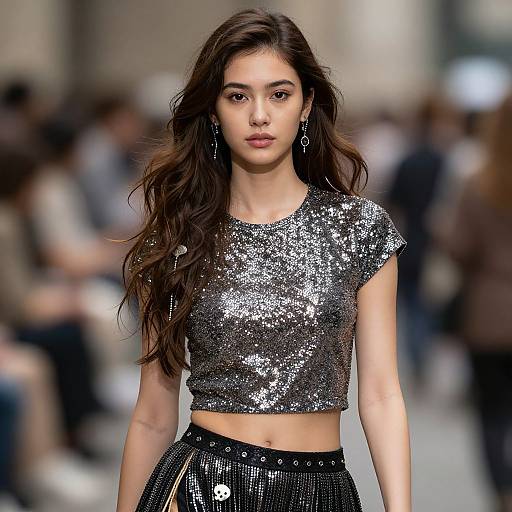Photograph of a young woman with long, wavy brown hair, wearing a silver sequin crop top and black sequined skirt, walking a blurred